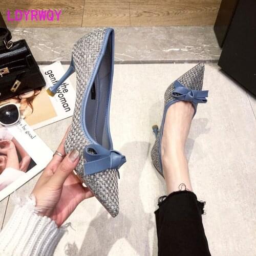 High-heeled womens 2021 new spring Korean version of the pointed bow single-shoe womens thin heel shallow mouth