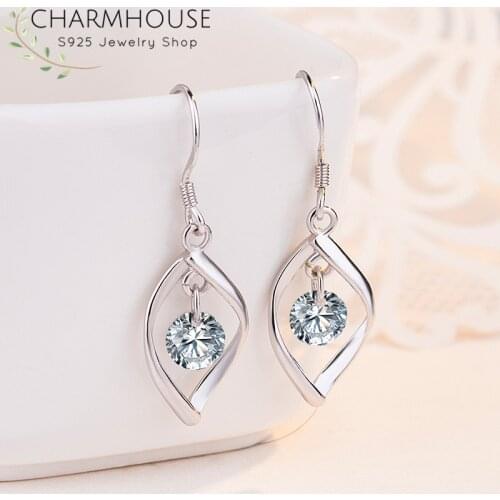 CZ Zircon Crystal Drop Earrings For Women Pure Silver Twisted Earing Brincos Femme Pendientes Mujder Fashion Jewelry Accesories