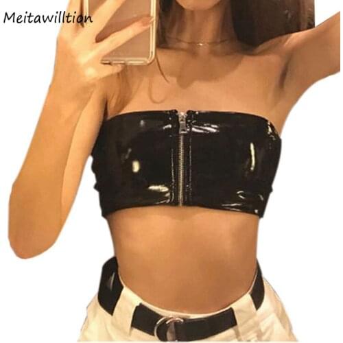 Summer Party Women Sleeveless Top 2019 Club Stretchy PU Leather Female Shiny Tops Casual Ladies Zipper Vest Black Sexy T-Shirts
