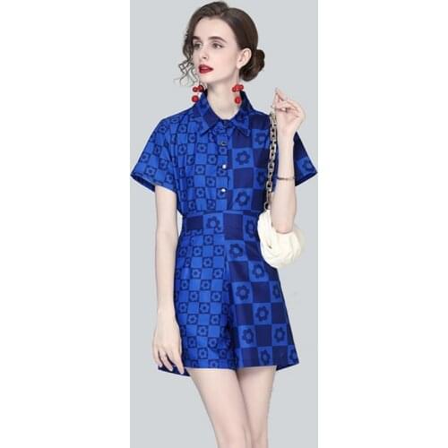 2021summer Fashion Designer Plaid Print 2 -Piece Sets Women short Sleeve Shirt Tops + Wide Leg Shorts Sets
