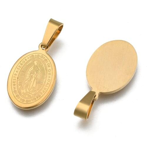 10Pcs Fashionable 304 Stainless Steel Pendants Golden Flat Oval with Virgin Pendants for Jewelry DIY, 21x13x1.5mm, Hole: 3x4.5mm