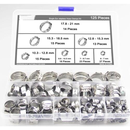 125Pcs 304 Stainless Steel Single Ear Stepless Hose Clamps Clamp Assortment Kit Crimp Pinch Rings for Securing Pipe Hoses