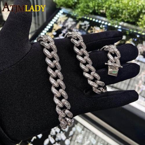 14mm width big heavy Sparking bling iced out women baguette cz Miami cuban link chain hiphop iced cuban chains choker necklace