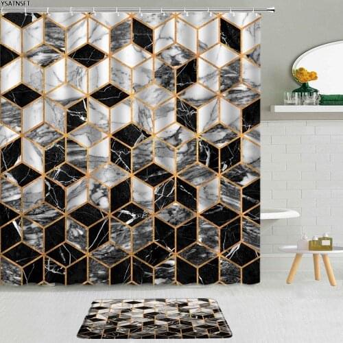 2Pcs Luxurious Marble Geometric Shower Curtain Striped Three-Dimensional Pattern Bathroom Non-Slip Bath Mat Curtains Decor Set