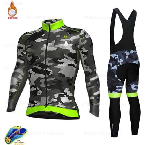 2021 Raudax Camouflage Winter Thermal Fleece Cycling Clothes Mens Jersey Suit Outdoor Riding Bike MTB Clothing Bib Pants Set