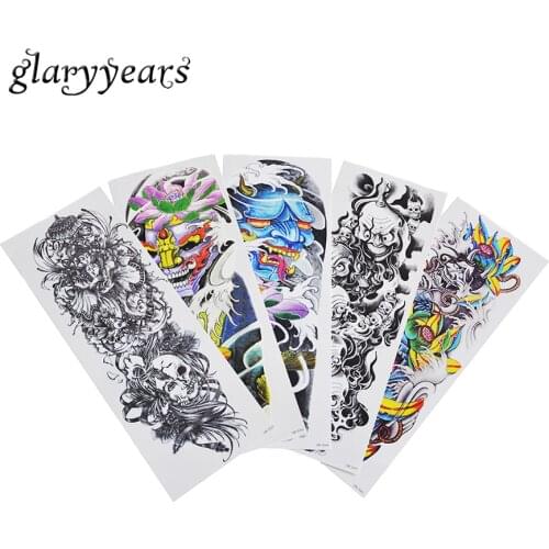 5 Pieces Fake Large Full Arm Temporary Tattoo Sticker Buddha Devil Lotus Flower Design Male Sleeve Body Art Tattoo Sticker QB#08