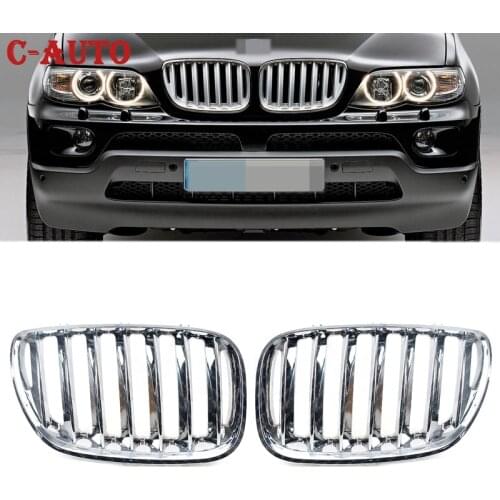 C-Auto 2PCS Front Bumper Grille Chrome Hood Kidney Grills Grille Front Bumper Grille For BMW X5 E53 2004 2005 2006 Car Styling