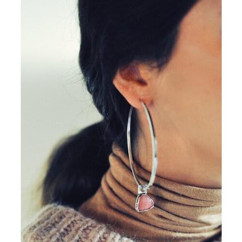 GULCE DERELI, PINK HEART SHAPE NATURAL STONE CHARM EARRINGS, HOOP EARRINGS, CHARM EARRINGS, GIFT BOX, GOLD/SILVER PLATED