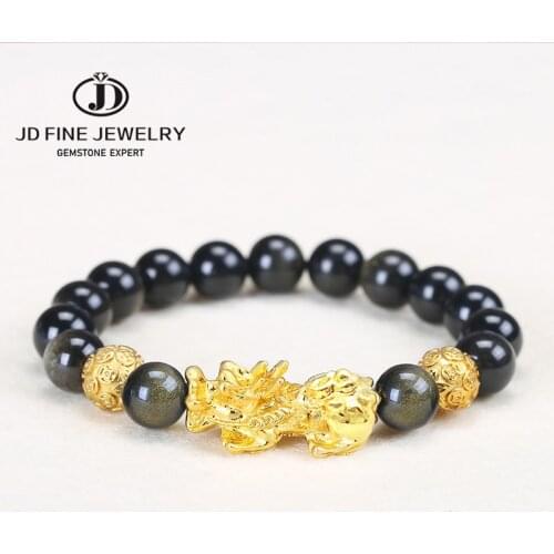 JD Feng Shui Obsidian Stone Beads Bracelet Men Women Unisex Wristband Gold Black Pixiu Wealth and Good Luck Women Bracelet