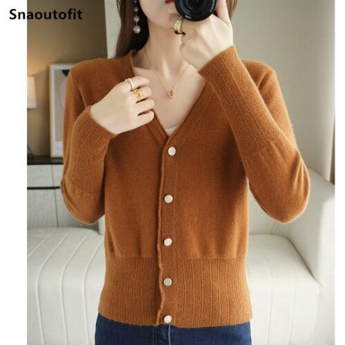 V-Neck Pure Wool Knitted Cardigan Womens 2021 Spring Autumn Fashion Slim Short Tuck Your Waist And Look Thin Sweater Coat Top