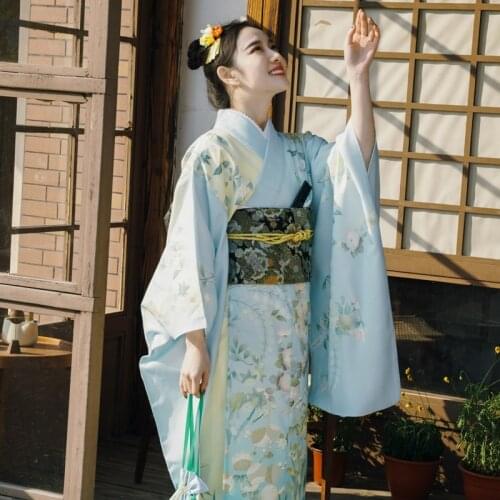 Japanese Yukata Kimono Dress Female Costume Geisha Cosplay Yellow Obi Yukata Women Traditional Japanese Kimonos Cosplay FF2648