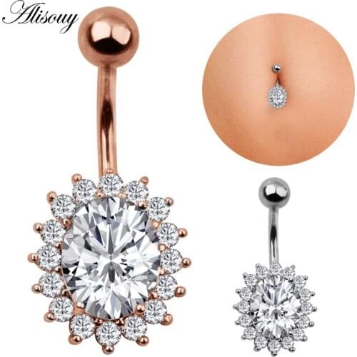Alisouy 1pc Creative CZ stone Belly Button Rings color Rose Gold Stainless Steel Belly Piercing crystal Navel Body Jewelry