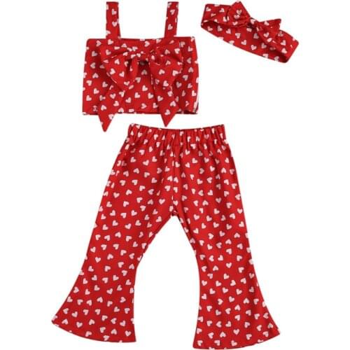 Red Baby Girl Summer Clothes Sets Heart Printed Valentines Outfits Bowknot Sleeveless Vest Tank Top+Bell Bottom Flare Pants