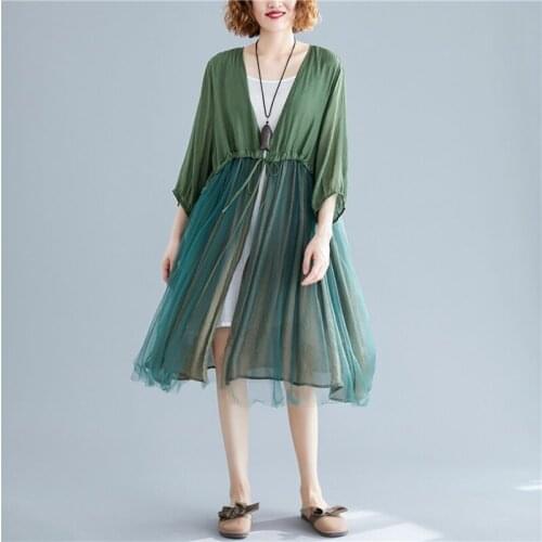 Summer New Sun Protection Clothing Long Plus Size Loose Irregular Fake Two-piece Jacket Patchwork Mesh Shawl Cardigan Coat s806