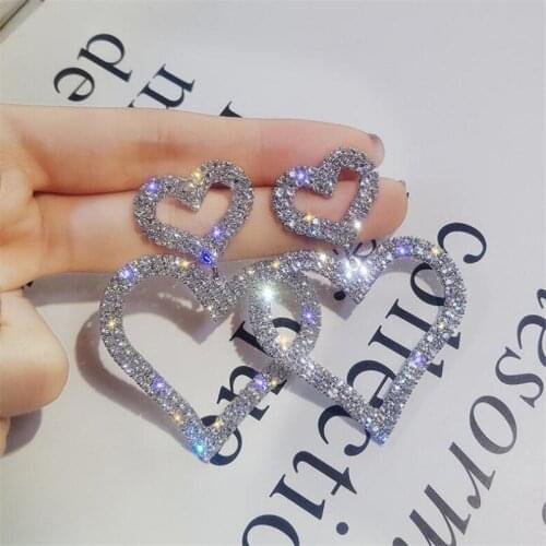 New Heart Earrings Womens Luxurious Geometric Full Rhinestone Earrings Korean Gold/Silver Color Love 2021 Fashion Jewelry
