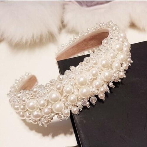 Genuo Hair Accessories Wide Crystal Hairbands Bbridal Pearl Headband Elegant Hair Hoop Fashion Hair Bands Bezel Headdress Party