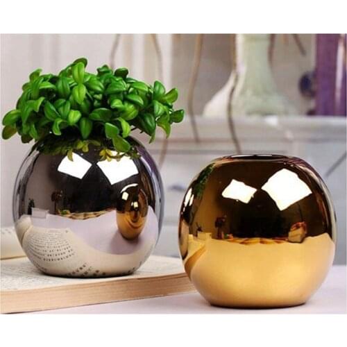 Modern Brief Gold Color Ceramic Craft Bottle Round Ball Small Flower Vase Home Accessories Desktop Silver Color Art Floral Organ