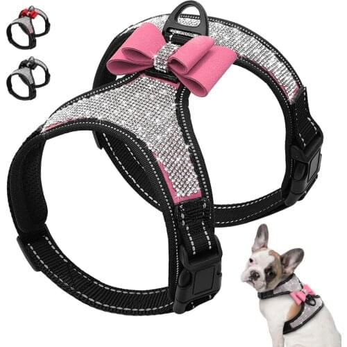 Reflective Dog Harness Nylon Pitbull Pug Small Medium Dogs Harnesses Vest Bling Rhinestone Bowknot Dog Accessories Pet Supplies