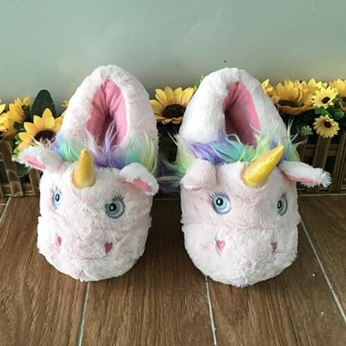 Womens Winter Cotton Shoes Cute Cartoon Unicorn Slippers Indoor Warm Home Plush Shoes Woman Fur Slides Female Flat Furry Shoes