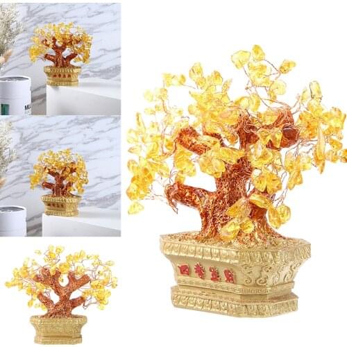 Yellow Crystal Stones Feng Shui Fortune Money Tree Wealth Luck Decoration Home Wine Cabinet Display Ornaments