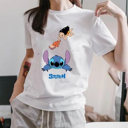 Stitch Womens Tee Shirt Summer T-shirts Disney Designer Clothes Love You Ohana Fashion Female Short Sleeve T Shirts Kawaii Tops