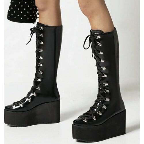 2021 Patent PU Leather Women Knee High Boots Platform Thick Bottom Ladies Motorcycle Boots Cross Tied Round Toe Womens Boots