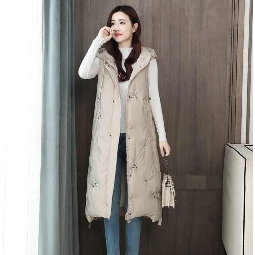 Chinese Style Embroidery Women Long Vest Winter Solid Hooded Zipper Ladies Sleeveless Jackets Casual Pockets Waistcoat Female