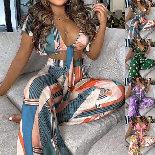 New 2021 Women Clothing Sets Ladies Sexy V-neck Short Sleeve Crop Tops with Fashion Print High-waisted Long Pants Trousers