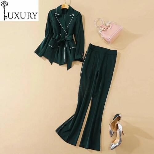 2020 Autumn Winter Sets Fashion Suit Women White Striped Color Block Blazer Jackets+Flare Leg Green Long Pant Set 2pc