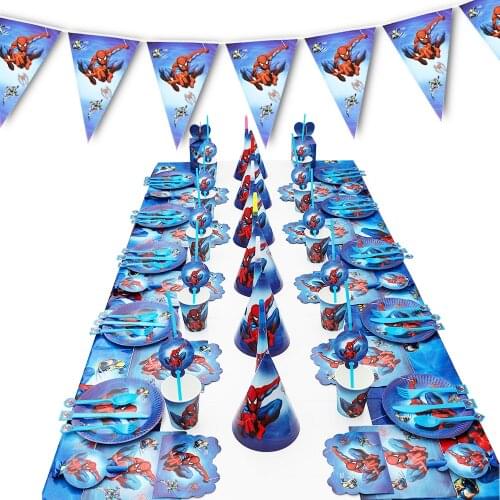 214Pcs/Lot Spiderman Theme Kids Boys Birthday Party Toy Paper Cup Plates Napkins Flags Event Gift Candy Box Party Supplies