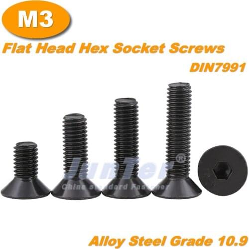500pcs/lot M3(3mm) Black Alloy Steel Grade10.9 High Tensile Flat Allen Bolts Hexagon Socket Countersunk Head Screws DIN7991
