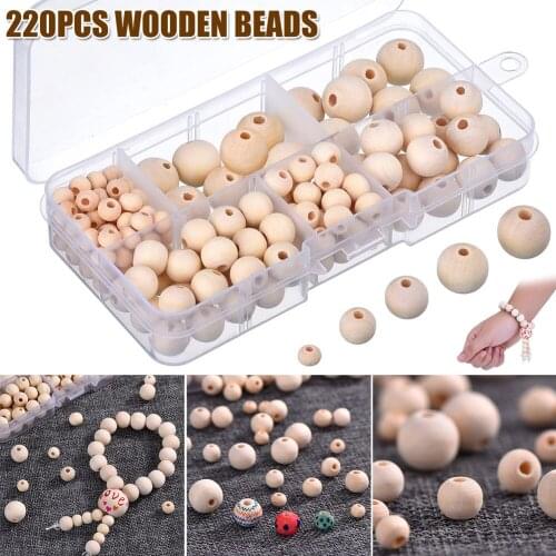 220pcs Boxed Nature Round Wooden Bead DIY Jewelry Accessories 5 Size With Tool J2Y