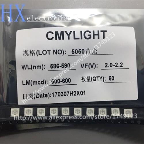 Free shipping 100PCS 5050 YELLOW LED 600-800mcd 2.0-2.2v 588-590nm 120 angle super bright light beads RoHs