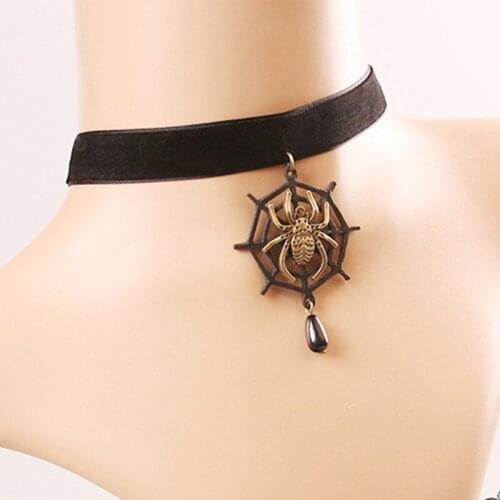 Black Velvet Charm Necklace Lace Spider Web Pendant Statement Chokers Halloween Gifts For Women Jewelry Links Chains Accessories