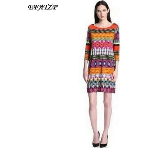 2015 Spring Designer Dress European Half Sleeves Colourful Bohemian Geometric Printed Plus Size XXL Straight Loose Dress Vestido