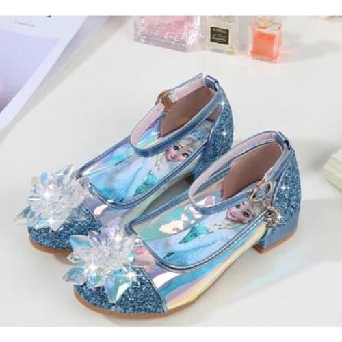 Disney Princess Kids Leather Shoes for Girls Frozen Glitter Children High Heel Girls Shoes Butterfly Knot Elsa Sandals Pink Blue