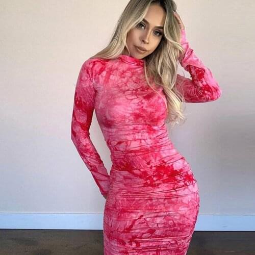European and American new sexy casual womens high collar long sleeve red and blue printing and dyeing elastic tight dress