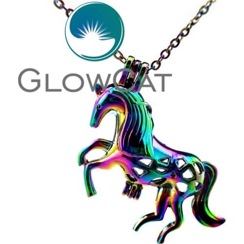 GLOWCAT CC179 Rainbow Colors Unicorn Beads Cage Pendant Essential Oil Diffuser Aromatherapy Pearl Cage Locket Necklace