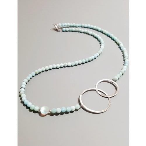 LiiJi Unique Larimar 925 Sterling Silver Geometric Double Circle Necklace 45 cm Delicate Jewelry Nice Gift for Girls