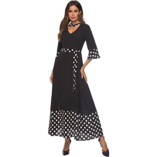 Muslim Fashion Holiday Muslim Abaya Dress for Ramadan Eddo Womens Dress Polka Dot Printing Stitching Long Skirt 7030