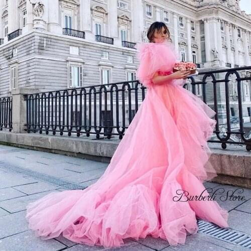 Fashion Pink High Low Tulle Ruffles Party Dresses 2021 Women Long Prom Gowns Pretty Lace Up Birthday Party Gown Vestido De Mujer
