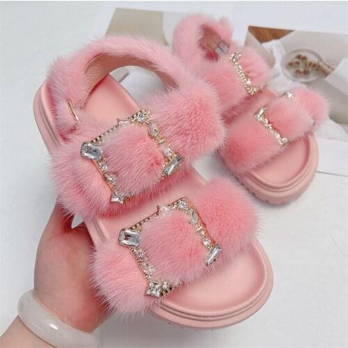 2021 New WomenS Sandals High Quality Mink Hair Shoelaces Diamond Double Breasted Clip Thick Bottom Anti Slip And Wear Resistant