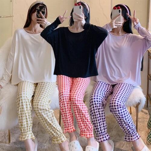 2021 Autumn Long Sleeve Modal Loose Pajama Sets for Women Casual Plaid Pants Sleepwear Suit Pyjama Homewear Pijama Mujer Clothes