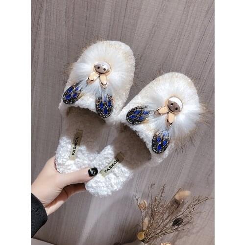 Hairy bag head semi-slippers women wear 2020 autumn and winter new flat net erythre drag hundred plus velvet warm cute