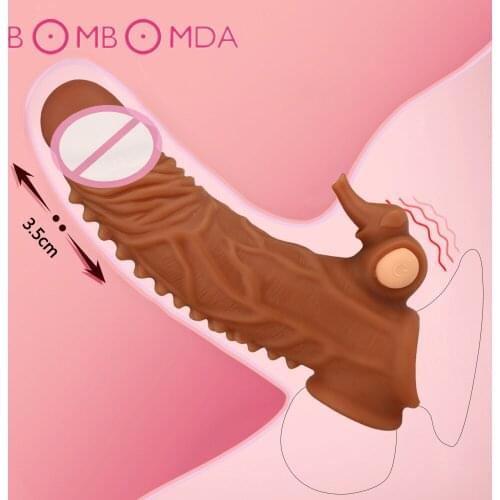 Bullet Vibrating Penis Enlarger Sleeve TPE Realistic Vibrating Dildo For Men Reusable Condoms Cock Extender Sleeve Sex Shop