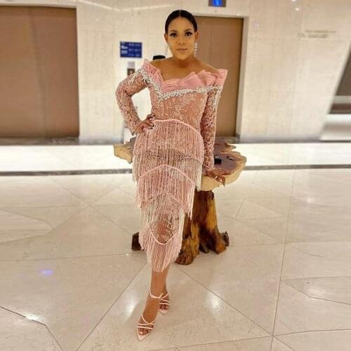 Pink Nigerian Evening Dresses Aso Ebi Off Shoulder Tassels Beads Long Sleeves Mermaid Prom Dress For Women Lace Robe Soirée