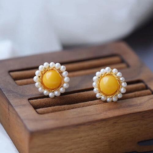 S925 Sterling Silver Sunflower Stud Earrings Natural Hetian Jade Yellow Chicken Grease Chalcedony Stud Earrings Small Pearl Fash