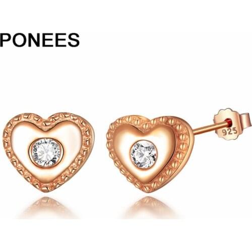 Ponees 925 Jewelry Earrings Zircon Petite Small Heart 925-Sterling-Silver Stud Earrings Fashion Femal Gift
