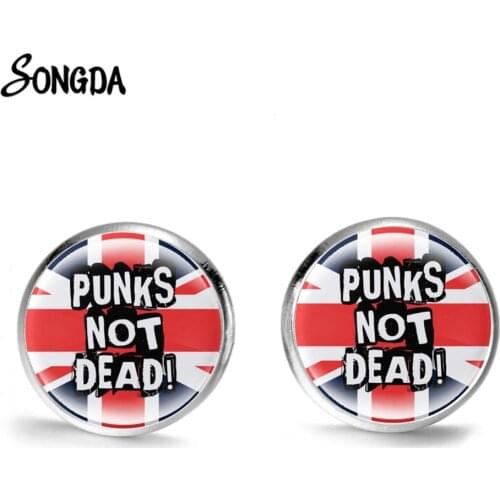 Bright Color Punk Not Dead Earrings DJ Vinyl Junkie Cartoon Pattern Glass Cabochon Stud Earrings Handicrafts Vintage Ear Jewelry
