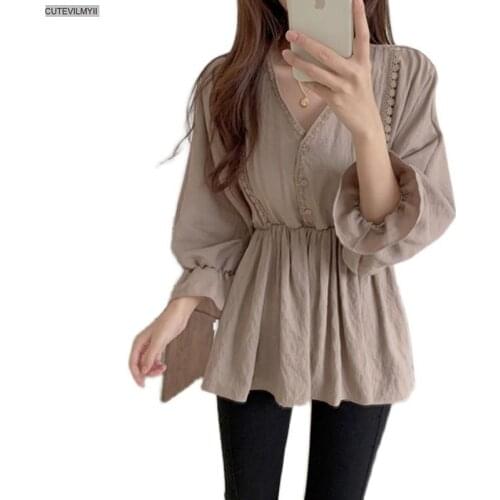 Chic Korea tops Han edition v-neck slim waist peplum ruffles splicing thin lace long sleeve shirts